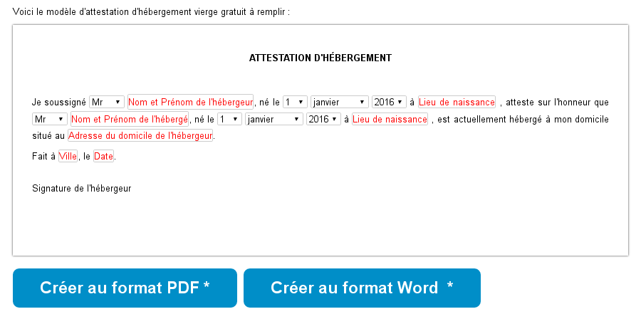 modele de lettre gratuite pour attestation d'hebergement