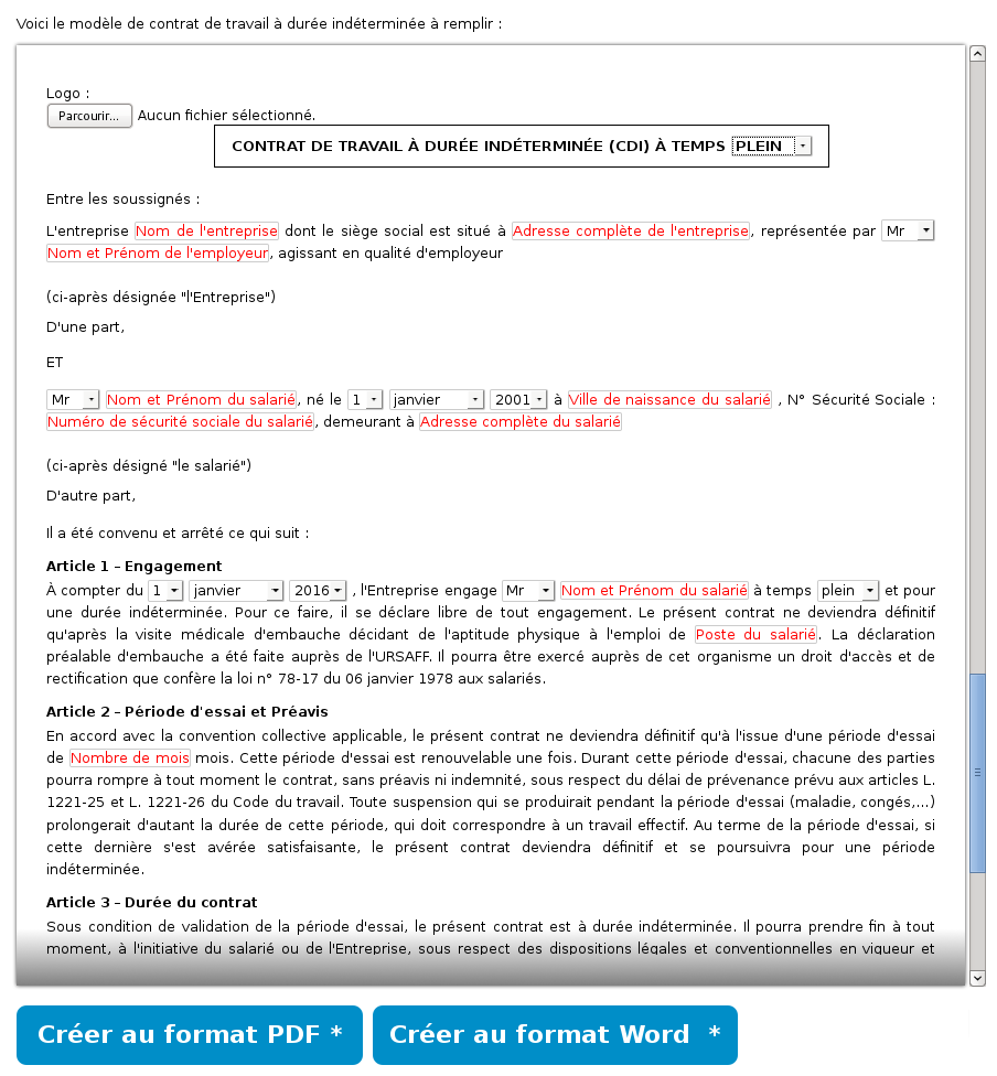 Modèle de contrat de travail
