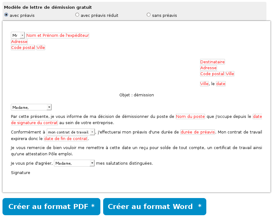 exemple lettre de demission word