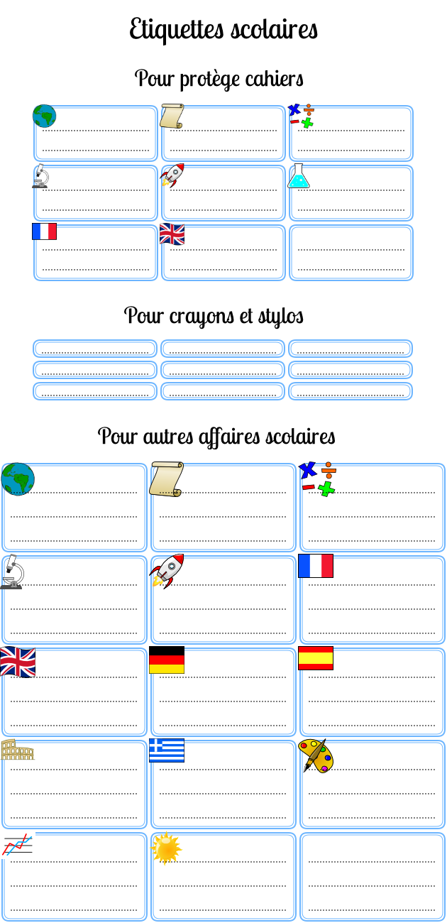 Étiquettes scolaires à personnsaliser