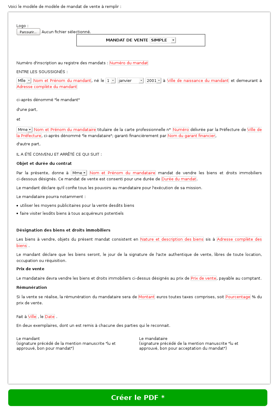 contrat de mandat modele